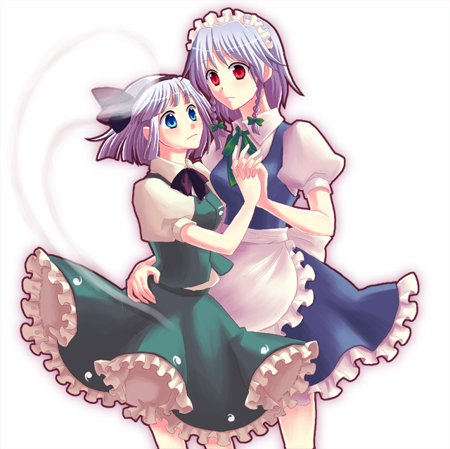 blue_eyes, braid, ghost, hairband, hands, holding_hands, izayoi_sakuya, konpaku_youmu, konpaku_youmu_(ghost), moko_ko, multiple_girls, myon, red_eyes, short_hair, silver_hair, touhou, twin_braids