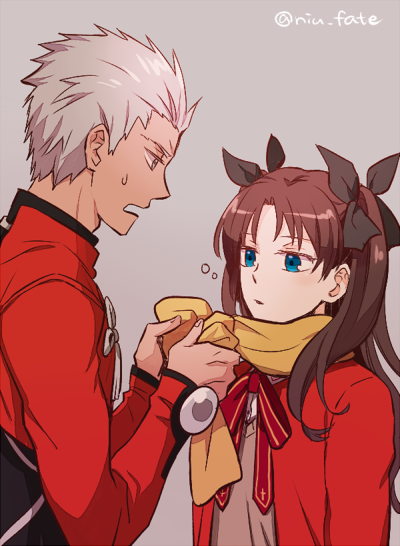 1boy, 1girl, archer, brown_hair, dark_skin, dressing, fate/stay_night, fate_(series)