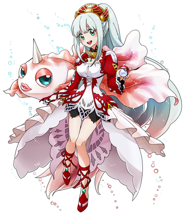 1girl, brooch, crossover, fish, frills, goldeen, green_eyes, grey_hair