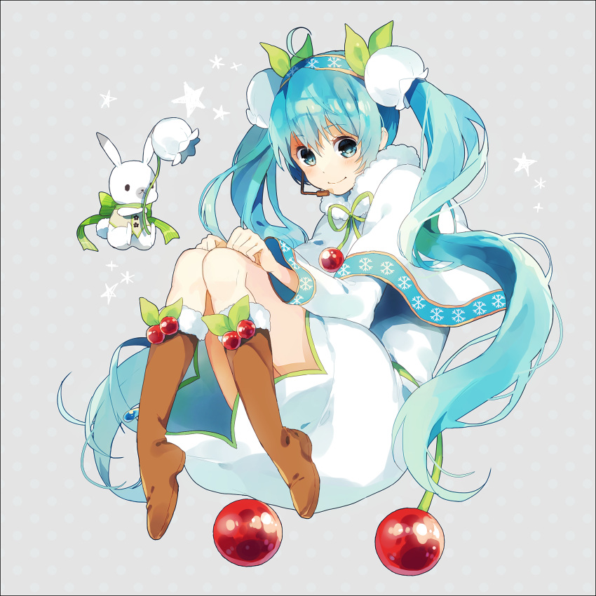 1girl, aqua_eyes, aqua_hair, boots, brown_boots, fur_boots, hatsune_miku, headset