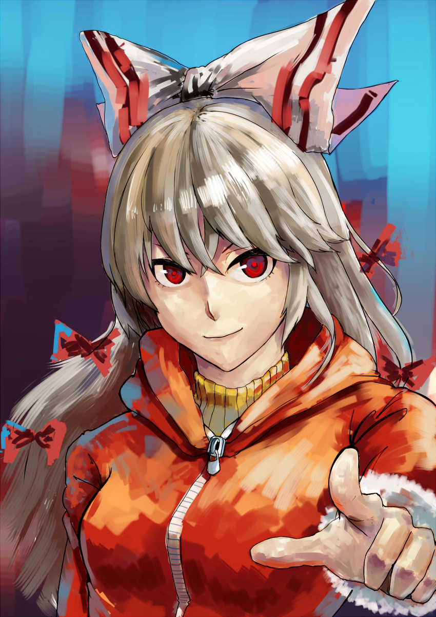 1girl, absurdres, faux_traditional_media, fujiwara_no_mokou, hair_ribbon, highres, hooded_jacket, index_finger_raised
