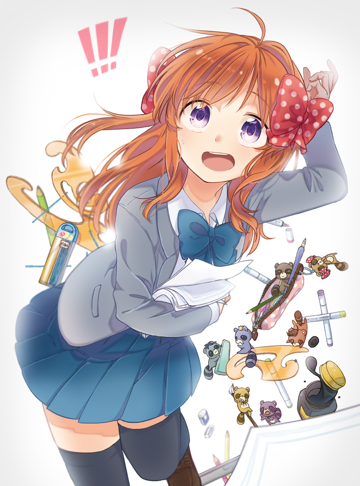 1girl, animalization, black_legwear, bow, gekkan_shoujo_nozaki-kun, hair_bow, hori_masayuki, ink, ink_bottle, kashima_yuu, mikoshiba_mikoto, nozaki_umetarou, open_mouth, orange_hair, paper, pen, pencil, pencil_case, polka_dot, polka_dot_bow, sakura_chiyo, school_uniform, senotarou_(seno35), seo_yuzuki, smile, tanuki, thigh-highs, violet_eyes, wakamatsu_hirotaka