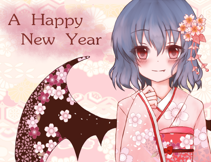 1girl, alternate_costume, bat_wings, blue_hair, blush, fang, flower, hair_flower