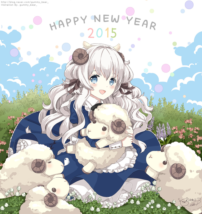 1girl, 2015, blush, dress, flower, highres, horns, hug