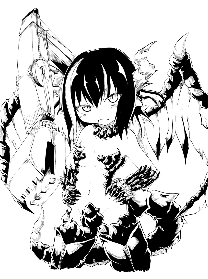1girl, absurdres, animal_ears, bare_shoulders, clam_shell_(ole_tower), demon_girl, elbow_gloves, gloves, highres, horns, kamimamu, looking_at_viewer, machinery, monochrome, ole_tower, tail