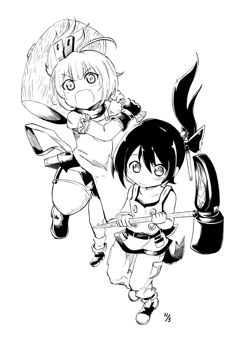 2girls, absurdres, gloves, hammer, hammer_(ole_tower), highres, kamimamu, mallet, mallet_(ole_tower), multiple_girls, ole_tower, short_hair, side_ponytail