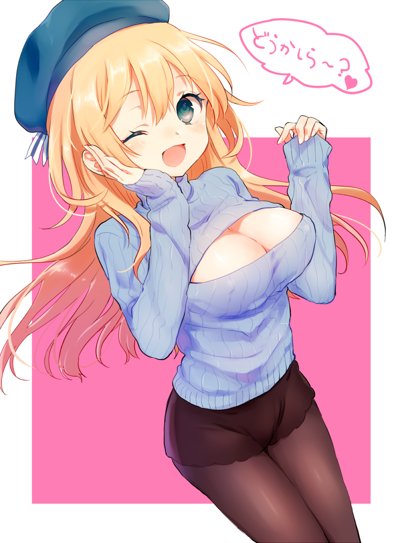 1girl, ;d, alternate_costume, atago_(kantai_collection), black_legwear, blonde_hair, blue21, blush, breasts, cleavage, cleavage_cutout, hand_on_own_cheek, hat, kantai_collection, large_breasts, long_hair, looking_at_viewer, one_eye_closed, open-chest_sweater, open_mouth, pantyhose, ribbed_sweater, simple_background, smile, solo, sweater, translated, turtleneck, turtleneck_sweater
