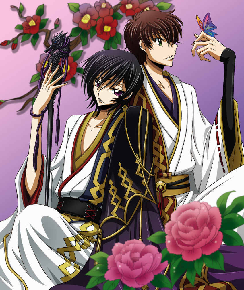 absurdres, butterfly, code_geass, dragon, flower, highres, kururugi_suzaku, lelouch_lamperouge
