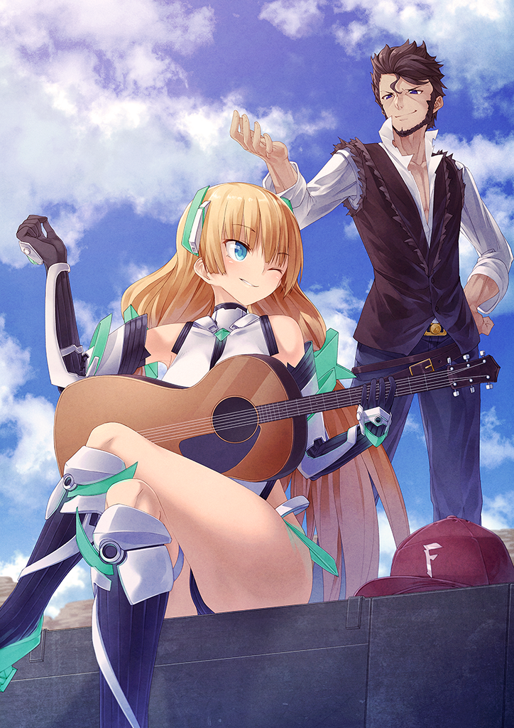 1boy, 1girl, angela_balzac, bare_shoulders, baseball_cap, blonde_hair, blue_eyes, blue_sky, boots, brown_hair, clouds, crossed_arms, dingo_(expelled_from_paradise), elbow_gloves, expelled_from_paradise, gloves, guitar, hair_ornament, hat, ibuki_notsu, instrument, leotard, long_hair, one_eye_closed, pants, shirt, sitting, sky, smirk, very_long_hair, vest, white_gloves