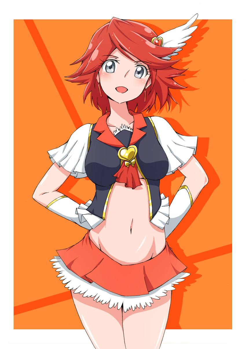 1girl, :d, adapted_costume, blush, brooch, cure_southern_cross, grey_eyes, hair_ornament