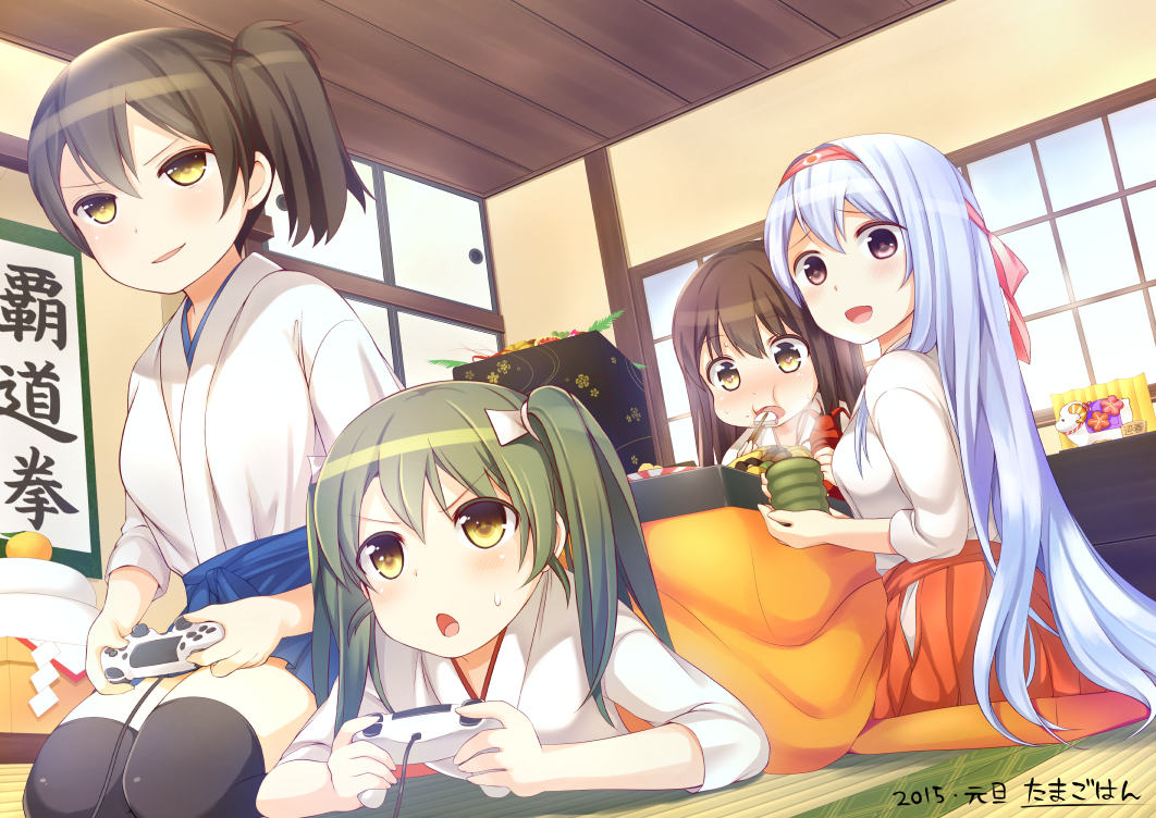 2015, 4girls, 5han, :d, akagi_(kantai_collection), artist_name, black_legwear, blue_hair, brown_hair, calligraphy, chestnut_mouth, controller, eating, furrowed_eyebrows, game_controller, gamepad, green_hair, hairband, japanese_clothes, kaga_(kantai_collection), kantai_collection, kotatsu, long_hair, multiple_girls, new_year, open_mouth, osechi, playing_games, short_hair, shoukaku_(kantai_collection), side_ponytail, signature, smile, table, tea, thigh-highs, twintails, violet_eyes, yellow_eyes, zuikaku_(kantai_collection)