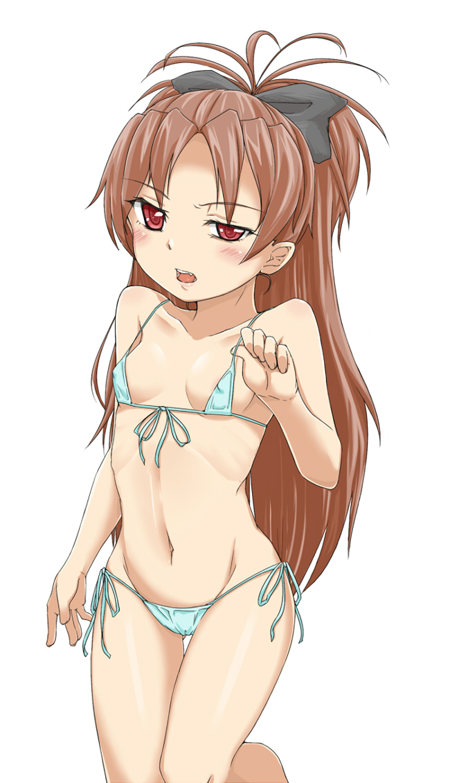 1girl, bikini, brown_eyes, brown_hair, kaiyuna, long_hair, mahou_shoujo_madoka_magica, sakura_kyouko