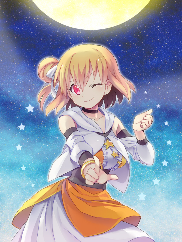 1girl, blonde_hair, enari, kagerou_project, kisaragi_momo, long_hair, moon, one_eye_closed