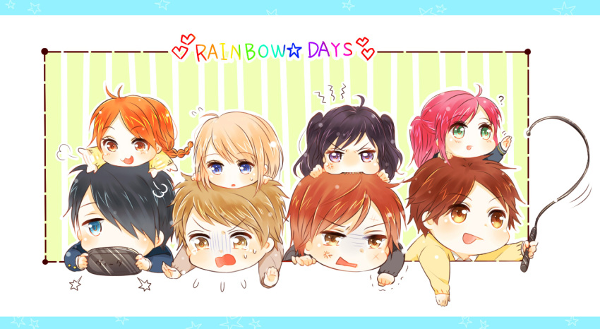 4boys, 4girls, asai_yukiko, black_hair, blonde_hair, blue_eyes, braid, brown_hair