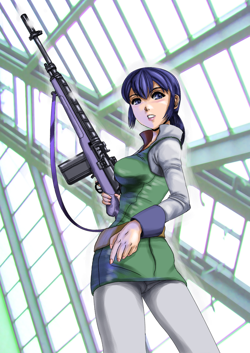 1girl, battle_rifle, belt, blue_eyes, blue_hair, breasts, densetsu_kyojin_ideon, dress