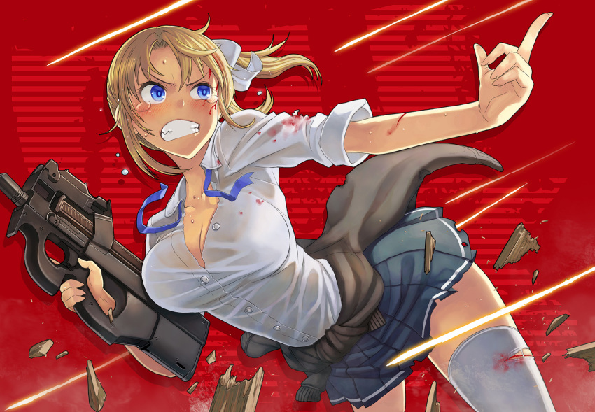 1girl, blonde_girl_(itou), blonde_hair, blood, blood_on_face, blood_stain, blue_eyes, blush