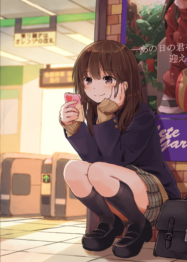 1girl, blazer, blush, brown_eyes, brown_hair, cellphone, fare_gate, hand_on_own_cheek