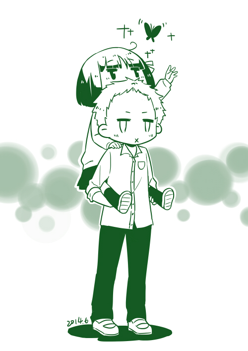 1boy, 1girl, butterfly, carrying, hair_ribbon, isshuukan_friends, kiryuu_shougo, monochrome