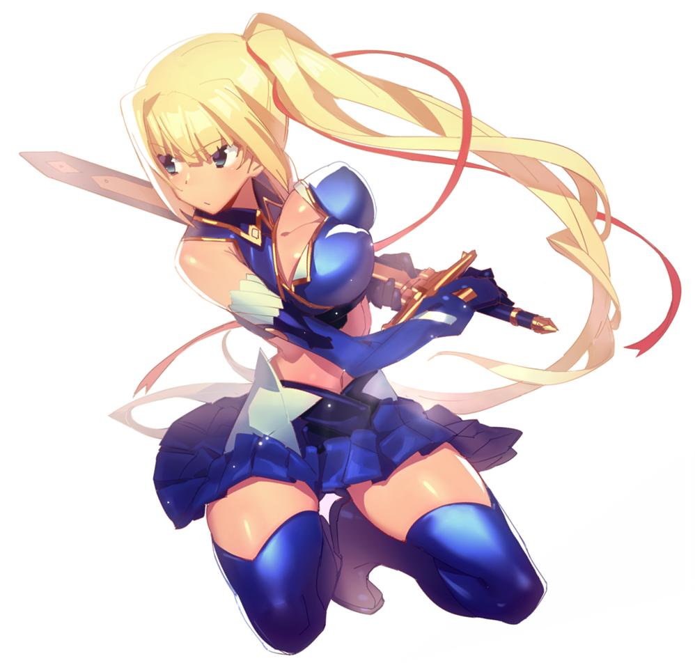 1girl, blonde_hair, blue_boots, blue_eyes, blue_gloves, blue_legwear, boots, breasts