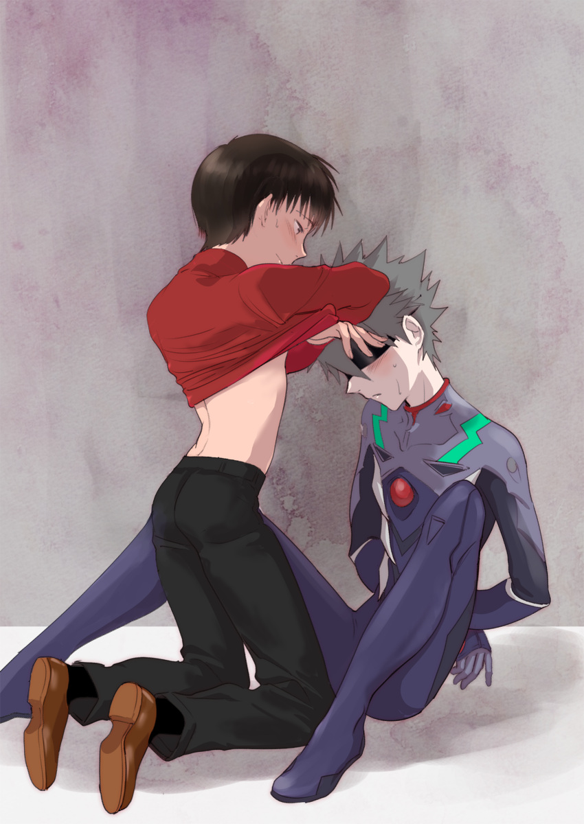 2boys, bdsm, blindfold, blush, bodysuit, bondage, highres, ikari_shinji