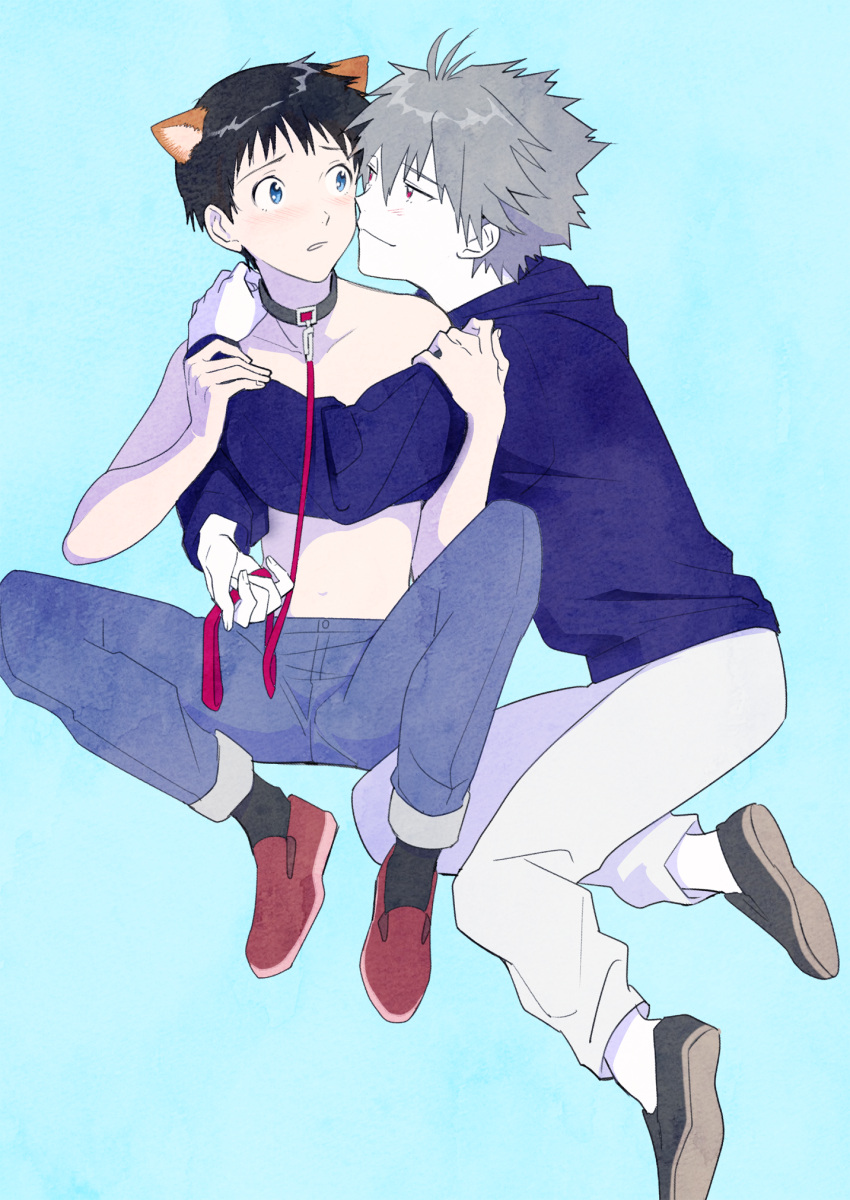 2boys, animal_ears, black_hair, blush, cat_ears, collar, grey_hair, highres