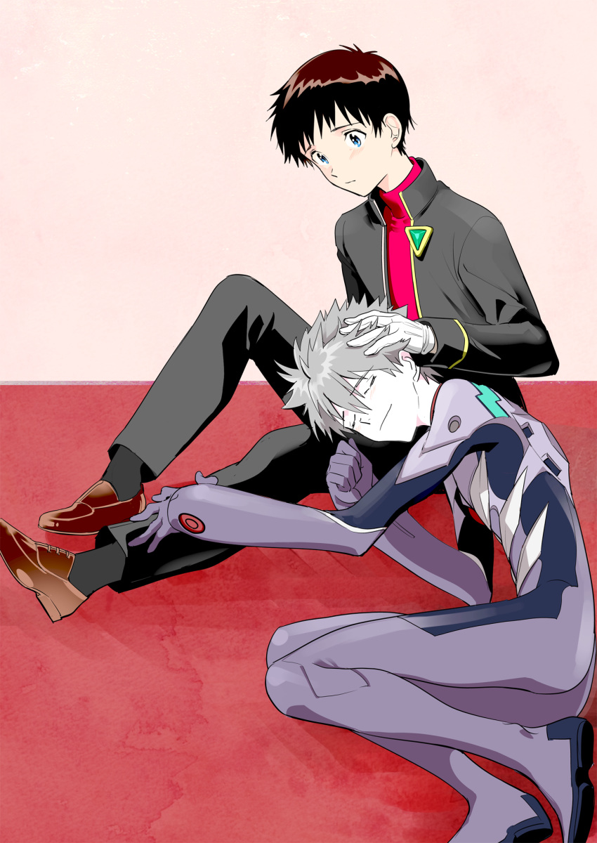 2boys, bodysuit, closed_eyes, couple, hand_on_another's_head, highres, ikari_shinji, lap_pillow