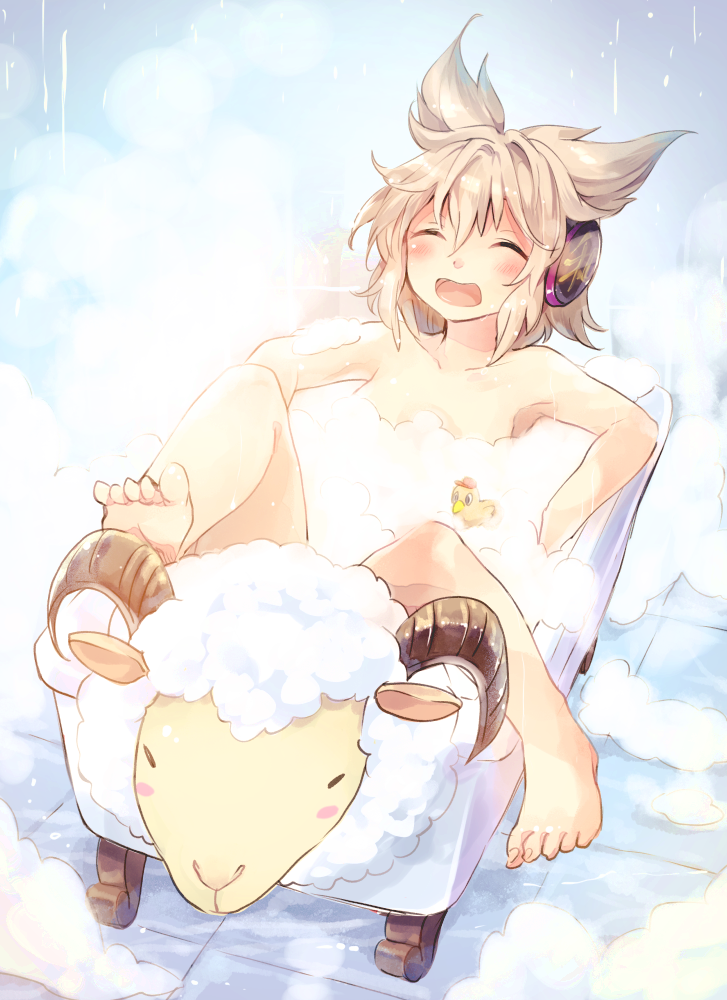 1girl, bath, bathtub, brown_hair, closed_eyes, convenient_censoring, earmuffs, long_hair