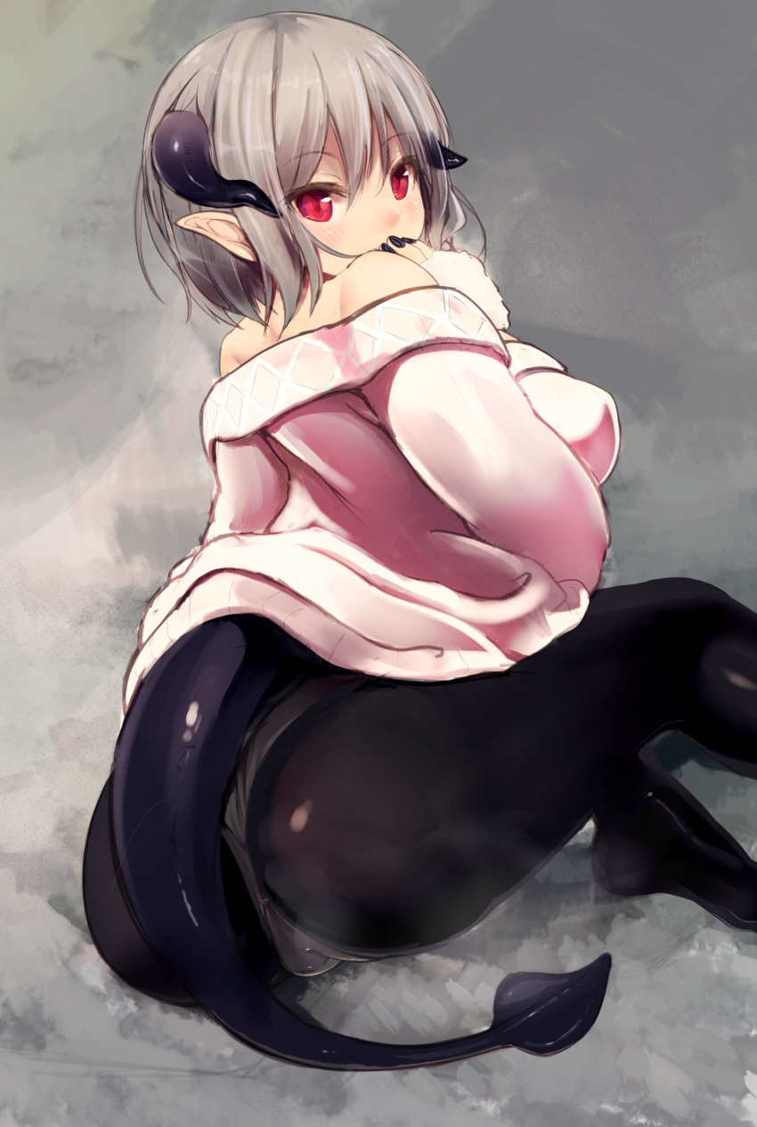 1girl, ass, bare_shoulders, black_legwear, covering_mouth, demon_girl, demon_tail, highres