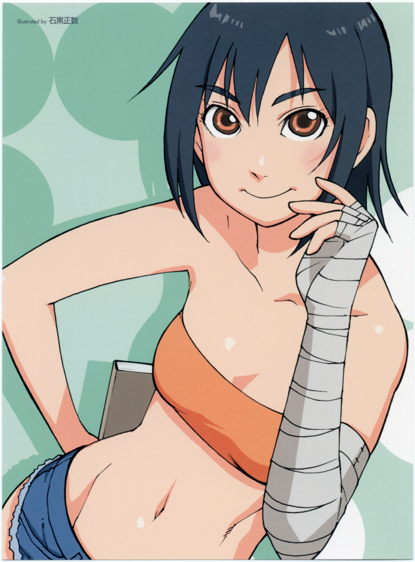 1girl, absurdres, aqua_background, arm_behind_back, artist_name, bakemonogatari, bandages, bandeau, bangs, bare_shoulders, blue_hair, blush, book, cutoffs, denim, denim_shorts, hair, hand_up, highres, holding, holding_book, ishiguro_masakazu, kanbaru_suruga, light_smile, looking_at_viewer, lowleg, lowleg_shorts, monogatari_(series), mound_of_venus, navel, orange_eyes, parted_bangs, scan, shadow, short_hair, short_shorts, shorts, small_breasts, smile, solo