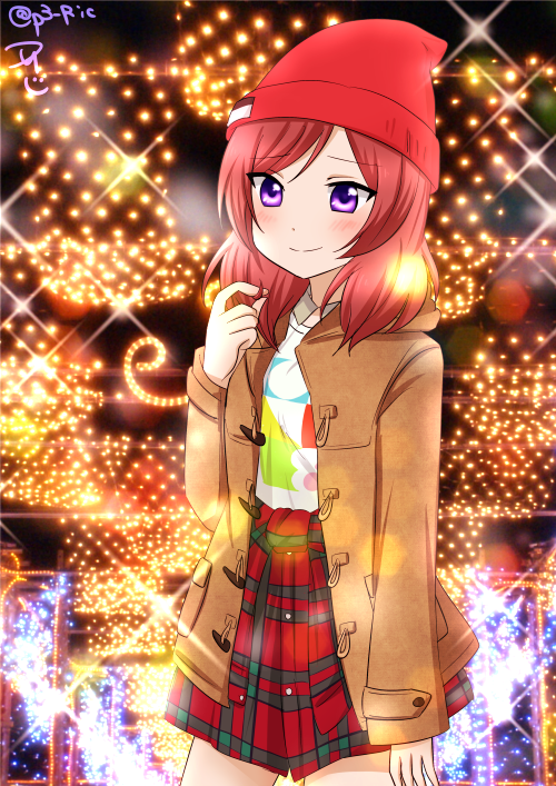 1girl, hat, lights, looking_at_viewer, love_live!_school_idol_project, night, nishikino_maki, redhead