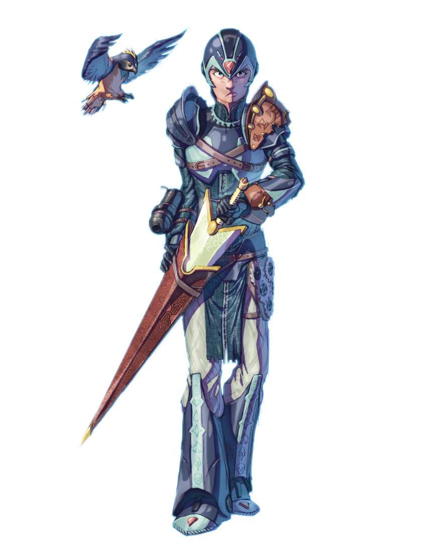 1boy, arm_cannon, bird, blue_eyes, crossover, eyebrows, falcon, forehead_jewel
