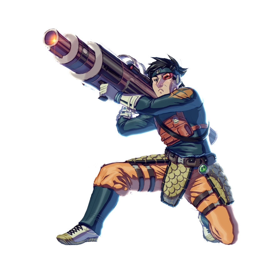 1boy, aiming, black_hair, boots, crossover, dragon_ball, dragon_ball_z, faulds