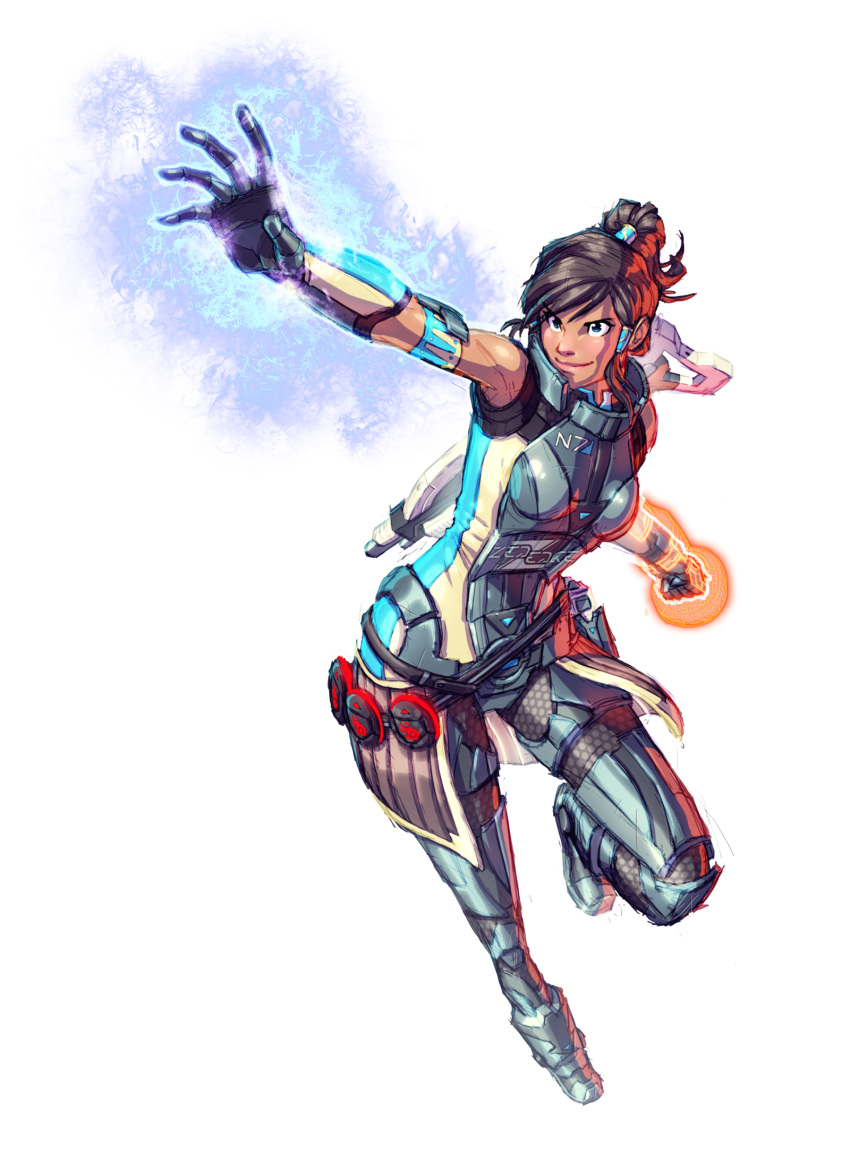 1girl, armband, aura, avatar_legends, blue_eyes, bodysuit, breastplate, brown_hair, crossover, dark_skin, elbow_gloves, gloves, glowing_hands, gun, hair_tubes, highres, human, human_only, korra, long_hair, mass_effect, over_shoulder, payot, ponytail, power_suit, rifle, smile, solo, the_legend_of_korra, transparent_background, weapon, weapon_over_shoulder, zededge
