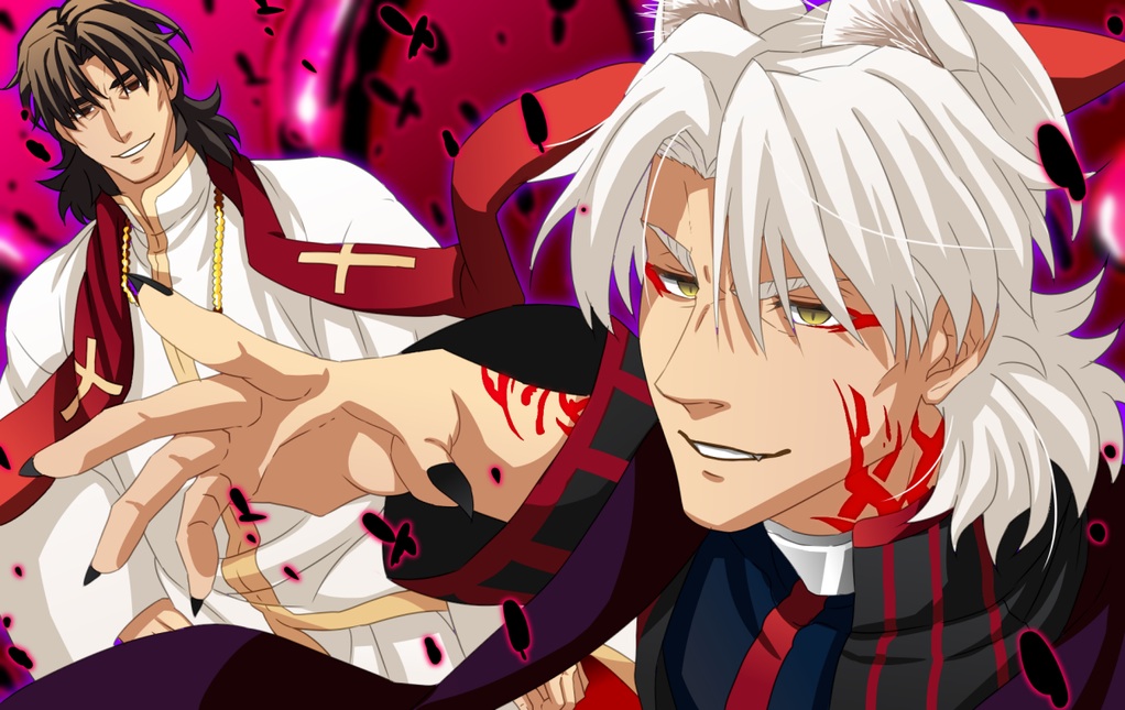 2boys, brown_hair, cassock, claws, cross, cross_necklace, dairii, dual_persona