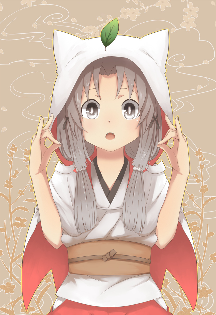 1girl, animal_ears, fangs, fox_ears, grey_eyes, grey_hair, highres, hood