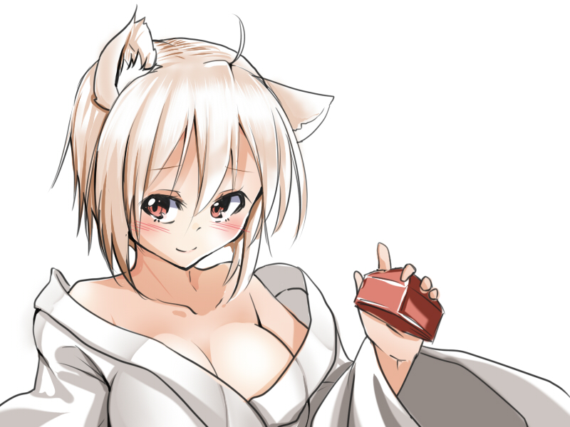 1girl, ahoge, animal_ears, bare_shoulders, blush, breasts, cleavage, collarbone