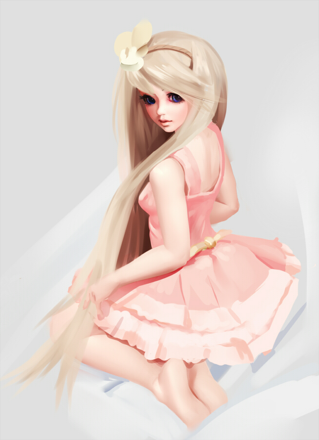 1girl, back, barefoot, blonde_hair, blue_eyes, dress, flower, from_behind