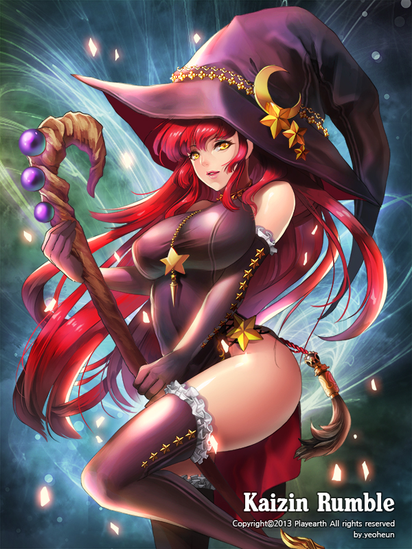 1girl, bare_shoulders, copyright_name, crescent, elbow_gloves, gloves, hat, kaizin_rumble