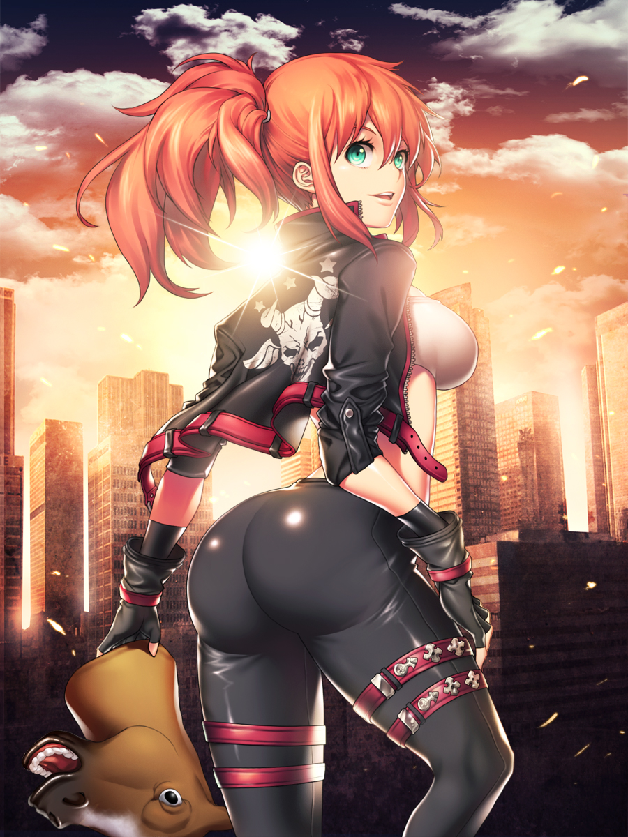 1girl, ass, bustier, camophilia, city, fingerless_gloves, gloves, green_eyes