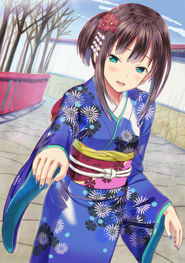 1girl, alternate_costume, alternate_hairstyle, blush, brown_hair, green_eyes, hair_ornament, idolmaster