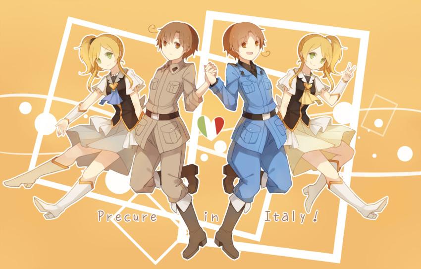 2boys, 2girls, axis_powers_hetalia, blonde_hair, boots, brown_boots, brown_hair, crossover