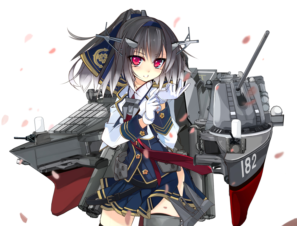 1girl, antennae, black_hair, bow, gloves, hair_bow, kantai_collection, long_sleeves, looking_at_viewer, machinery, mecha_musume, necktie, original, petals, pink_eyes, ponytail, revision, school_uniform, serafuku, shirokitsune, shirt, skirt, solo, vest, white_gloves, zipang_(anime)