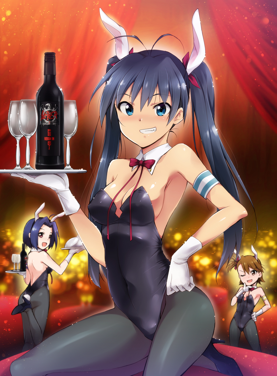 >;d, 3girls, :d, alternate_hairstyle, animal_ears, ass, black_hair, blue_eyes