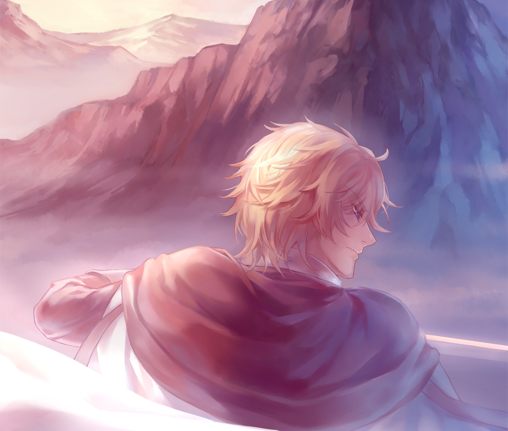 1boy, armor, blonde_hair, blue_eyes, cliffs, fate/extra, fate_(series), fighting_stance, gawain_(fate/extra), kanmuri_(hanyifan30338), solo, sword, weapon