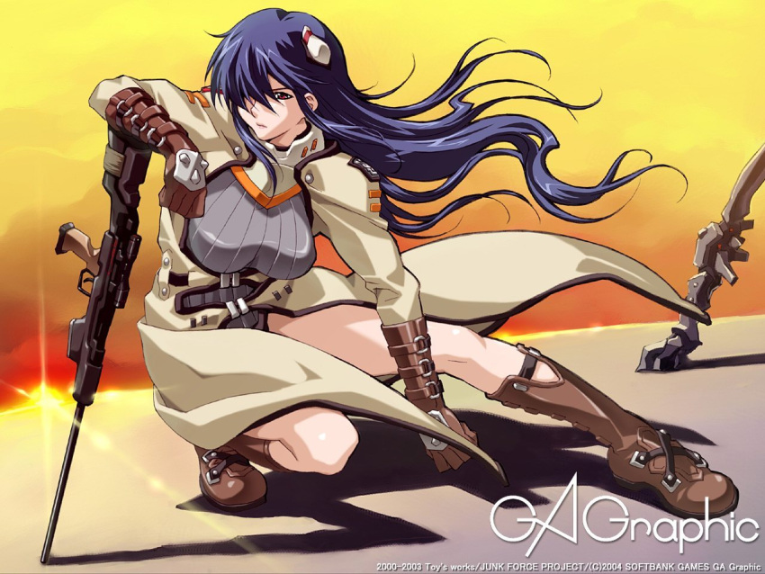 boots, gagraphic, gun, junk_force, long_hair, red_eyes, rifle, weapon