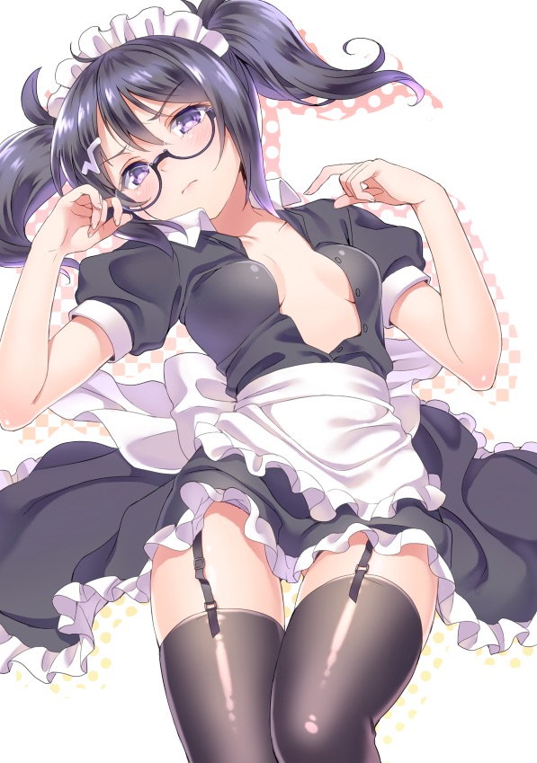 1girl, apron, black_hair, blush, frown, garter_straps, glasses, lying