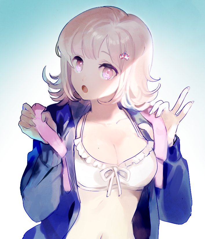 1girl, backpack, bag, bikini, breasts, cleavage, dangan_ronpa, flipped_hair