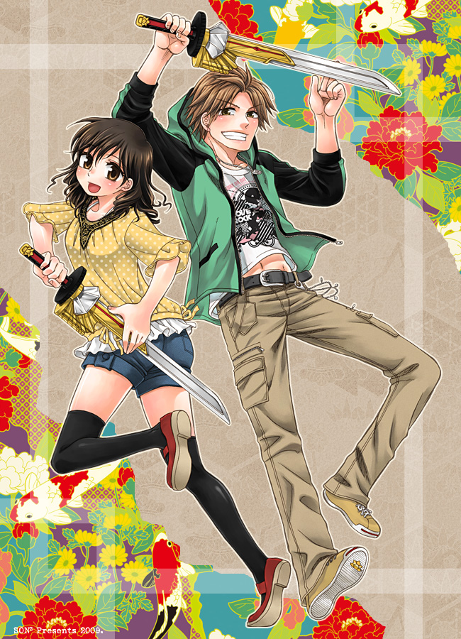 1boy, 1girl, :d, belt, female, hanaori_kotoha, katana, male, midriff, navel, open_mouth, oson, pants, samurai_sentai_shinkenger, shoes, short_hair, shorts, smile, super_sentai, sword, tani_chiaki, thigh-highs, weapon