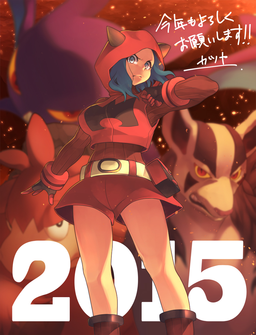 1girl, 2015, blue_eyes, blue_hair, breasts, camerupt, crobat, gloves, hoodie, large_breasts, mightyena, pokemon, pokemon_(game), pokemon_oras, ribbed_sweater, short_hair, shorts, solo, sweater, takayanagi_katsuya, team_magma_grunt, team_magma_grunt_(remake), turtleneck