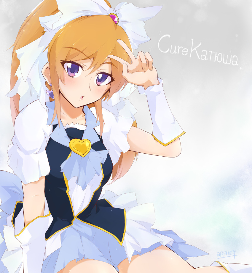 1girl, ashita_wa_hitsuji, blonde_hair, blush, bow, brooch, character_name, cure_katyusha, earrings, hair_bow, happinesscharge_precure!, heart, heart_brooch, heart_earrings, highres, jewelry, long_hair, magical_girl, ponytail, precure, russian_text, short_hair, solo, translated, v, violet_eyes